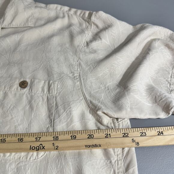 Island Shores Shirt Mens Large Cream Silk Floral Pineapple Embroidered Button Up - Picture 9 of 12
